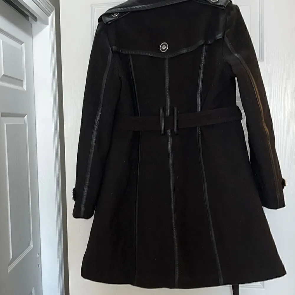 Excelled Collection Women’s Black and Silver Hardware Peacoat with Belt- Small